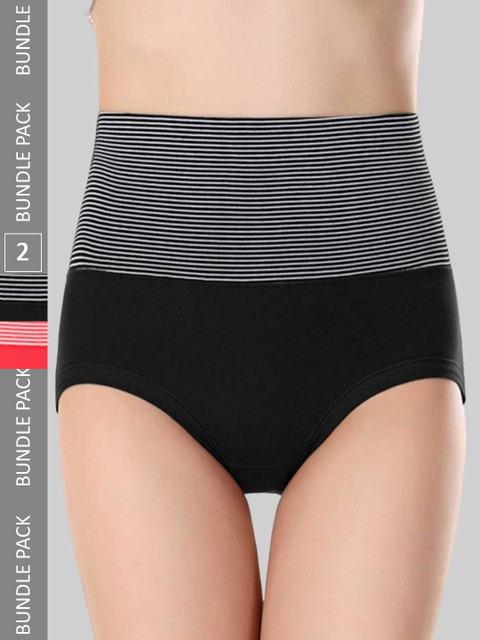 PLUMBURY Pack Of 2 Striped High-Rise Tummy Control Brief