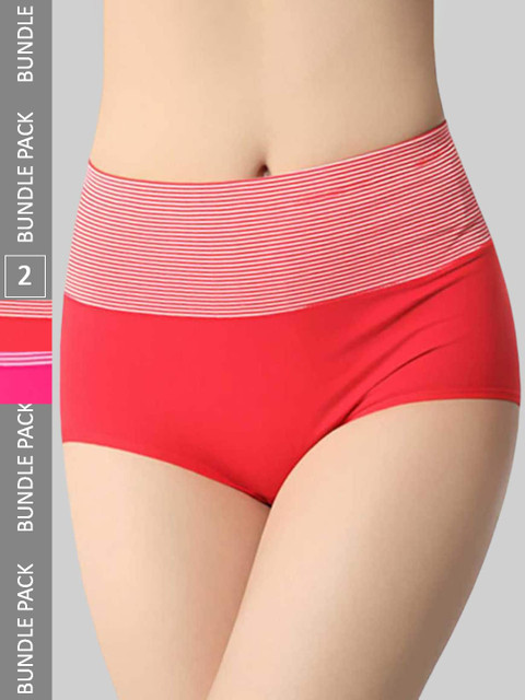 PLUMBURY Pack Of 2 Cotton Striped Tummy Control Briefs
