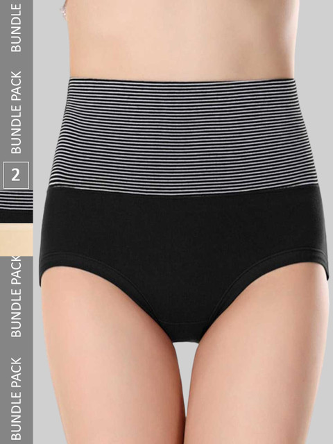 PLUMBURY Pack Of 2 Striped High-Rise Tummy Control Brief