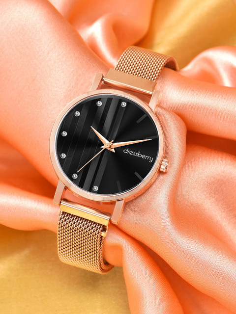 DressBerry Women Black Embellished Bracelet Style Straps Analogue Watch HOBDB-131-RG-BK