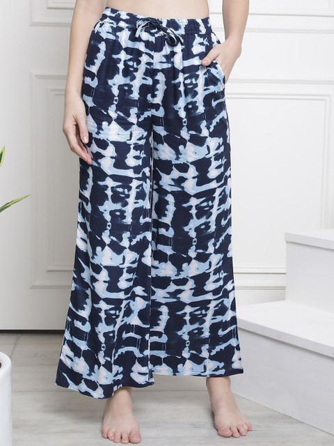 Claura Women Navy Blue Printed Flared Cotton Lounge Pants