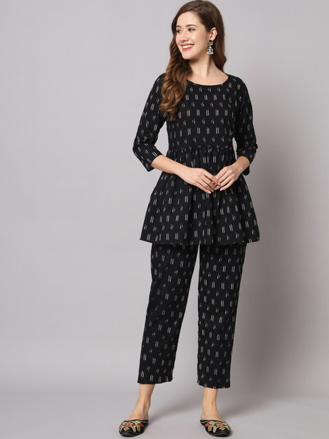 KALINI Geometric Printed Pure Cotton Top With Trousers