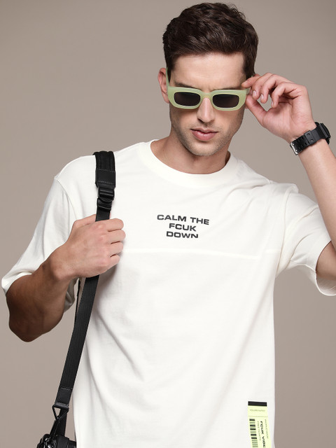 FCUK Typography Drop-Shoulder Sleeves Pure Cotton Applique Oversized T-shirt