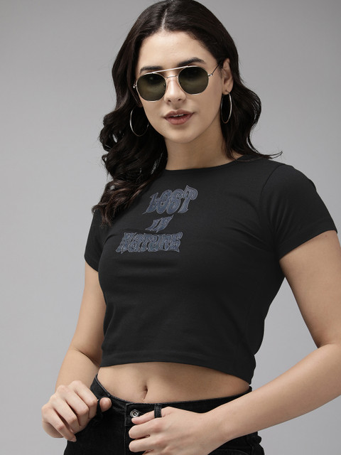 Roadster Typography Printed Bio Finish Slim Fit Crop T-shirt