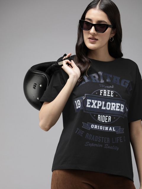 Roadster Typography Printed Drop-Shoulder Sleeves Oversized Bio Finish T-shirt