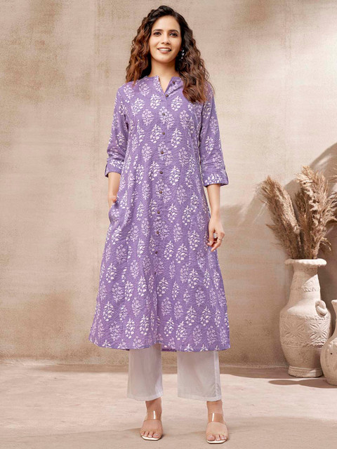 DRESOUL Floral Printed Kantha Work Detailed Pure Cotton A-Line Kurta