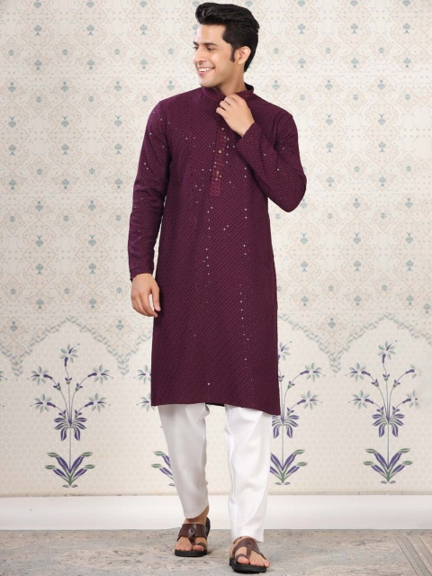 House of Pataudi Ethnic Motifs Embroidered Sequinned Detail Mandarin Collar Straight Kurta