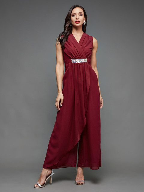 Miss Chase Maroon V-Neck Sleeveless Embellished Basic Jumpsuit