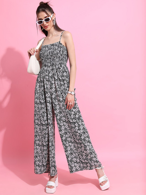 Tokyo Talkies Black & Off White Floral Printed Smocked Basic Jumpsuit