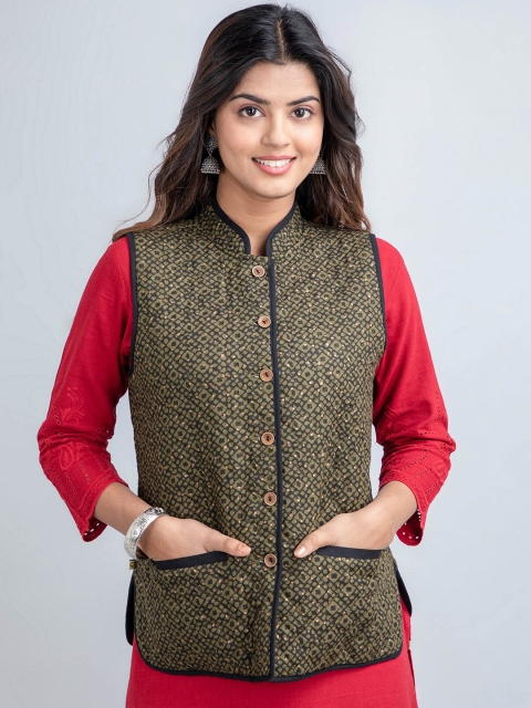 SUTI Geometric Printed Lightweight Sleeveless Cotton Tailored Jacket with Embroidered - Image 2
