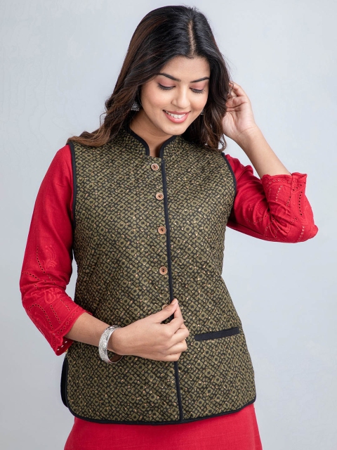 SUTI Geometric Printed Lightweight Sleeveless Cotton Tailored Jacket with Embroidered - Image 6