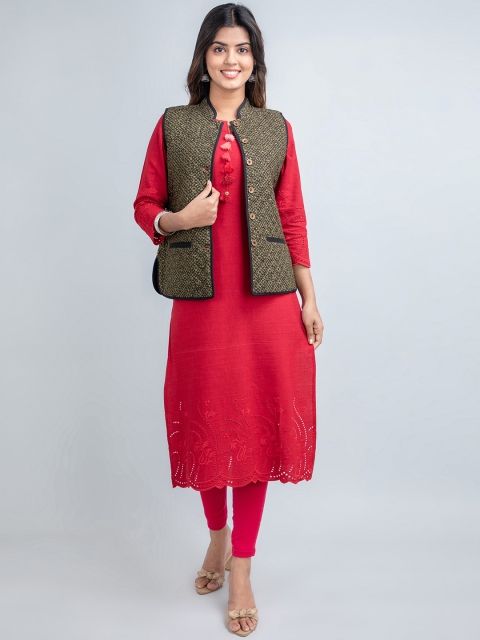 SUTI Geometric Printed Lightweight Sleeveless Cotton Tailored Jacket with Embroidered