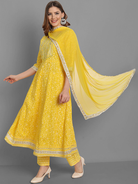 SINGNI Floral Printed Mirror Work A-Line Kurta With Trousers & Dupatta - Image 5