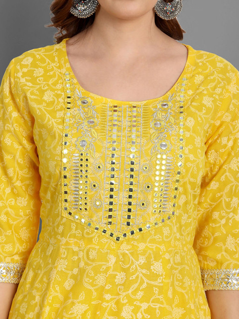 SINGNI Floral Printed Mirror Work A-Line Kurta With Trousers & Dupatta - Image 2