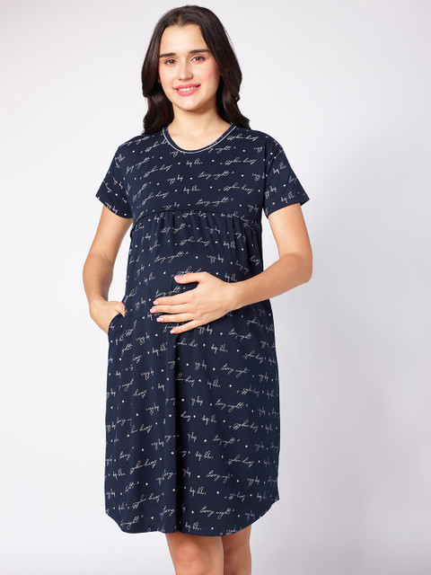 beebelle Navy Blue Typography Printed Maternity Nightdress