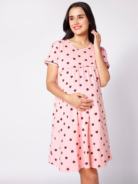beebelle Peach-Coloured Graphic Printed Maternity Nightdress