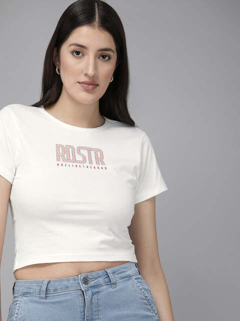 Roadster Women Typography Printed Bio Finish Crop Slim Fit T-shirt