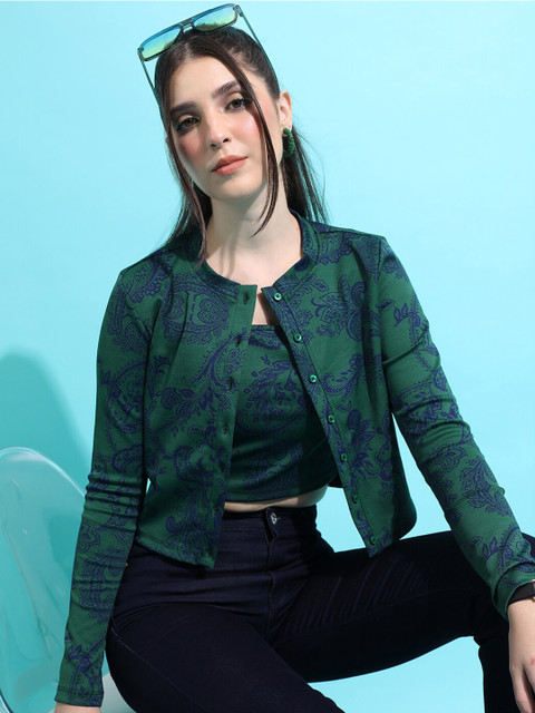 Tokyo Talkies Ethnic Motifs Printed Jacquard Cami Top With Jacket