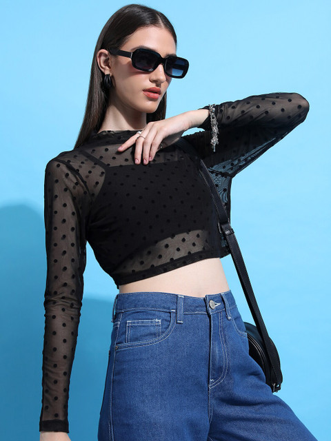 Tokyo Talkies Black Self Design Sheer Crop Top