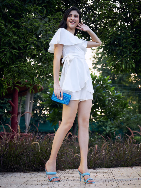 Berrylush White V-Neck Flared Ruffled Playsuit