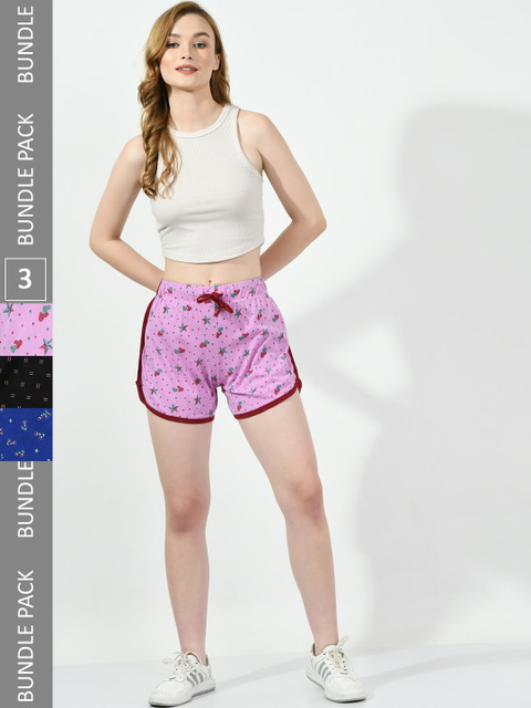 BAESD Women Pack Of 3 Conversational Printed High-Rise Pure Cotton Shorts