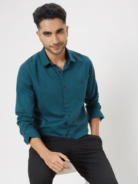 Mufti Self Design Textured Slim Fit Spread Collar Pure Cotton Casual Shirt