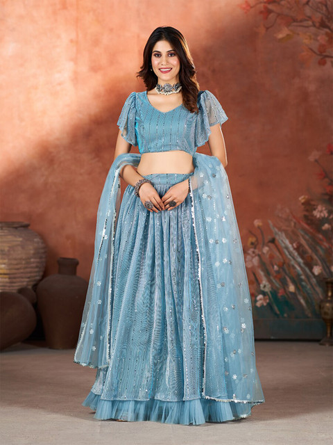 SHOPGARB Embroidered Sequinned Semi-Stitched Lehenga & Unstitched Blouse With Dupatta