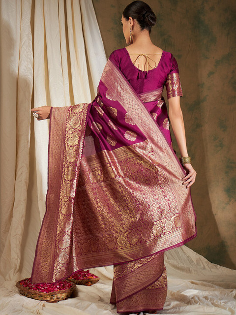 Sangria Burgundy & Gold-Toned Ethnic Motifs Woven Design Zari Silk Blend Banarasi Saree - Image 4
