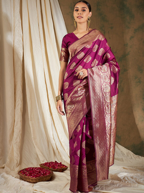 Sangria Burgundy & Gold-Toned Ethnic Motifs Woven Design Zari Silk Blend Banarasi Saree - Image 2