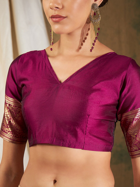 Sangria Burgundy & Gold-Toned Ethnic Motifs Woven Design Zari Silk Blend Banarasi Saree - Image 7