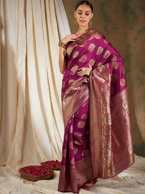 Sangria Burgundy & Gold-Toned Ethnic Motifs Woven Design Zari Silk Blend Banarasi Saree - Image 5