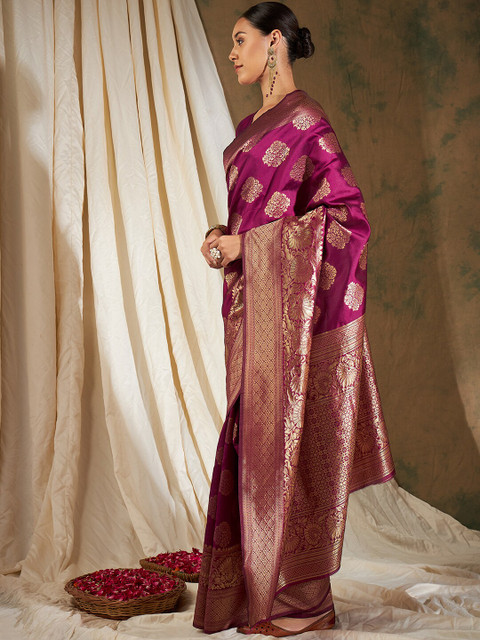 Sangria Burgundy & Gold-Toned Ethnic Motifs Woven Design Zari Silk Blend Banarasi Saree - Image 3
