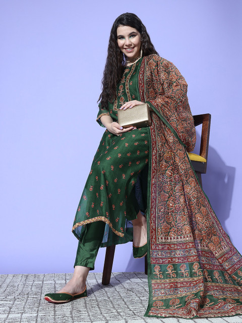 Varanga Women Floral Printed Thread Work Chanderi Silk Kurta with Trousers & With Dupatta