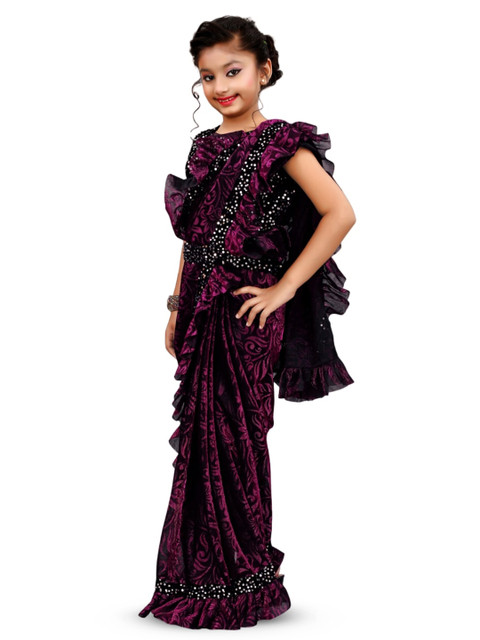 Dhyey Fashion Girls Floral Printed Sequinned Ready to Wear Saree - Image 3