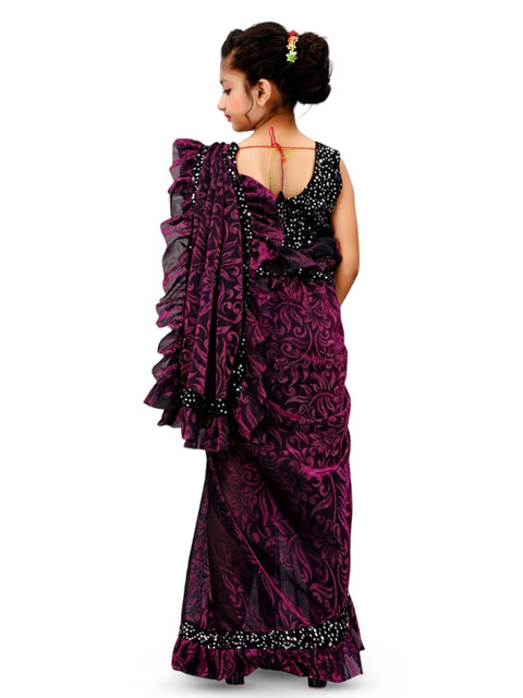 Dhyey Fashion Girls Floral Printed Sequinned Ready to Wear Saree - Image 4