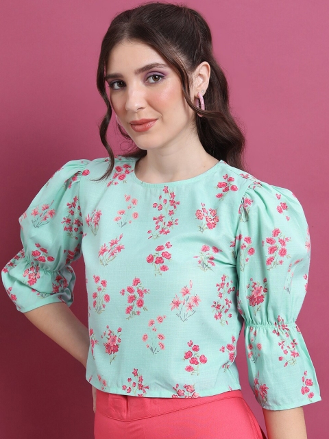 Vishudh Sea Green Floral Printed Bell Sleeves Top