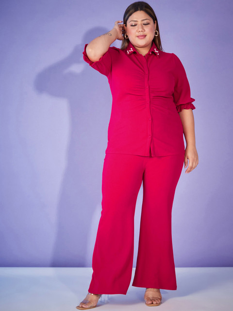 SASSAFRAS Curve Red Plus Size Self Design Shirt With Trouser Co-Ords