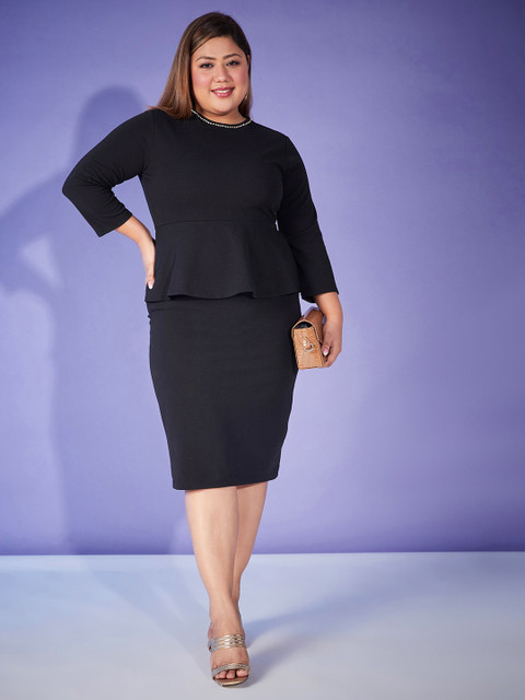 SASSAFRAS Curve Plus Size Black Round Neck Peplum Dress