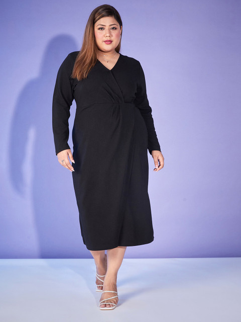 SASSAFRAS Curve Plus Size Black V-Neck Sheath Midi Dress