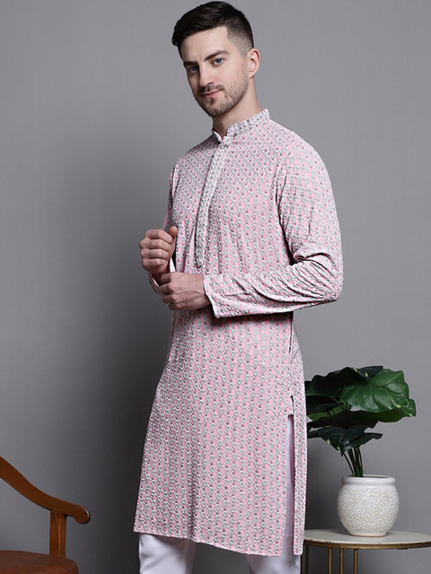 Jompers Mandarin Collar Ethnic Motif Embroidered Thread Work Straight Cotton Kurta