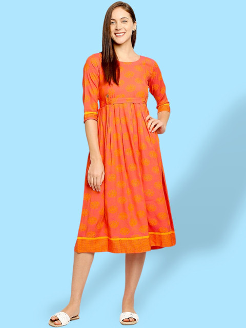 True Shape Ethnic Motifs Printed Fit and Flare Pleated Maternity Dresses