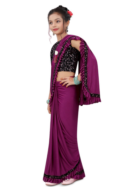 Dhyey Fashion Girls Embellished Sequinned Detailed Lycra Saree - Image 2