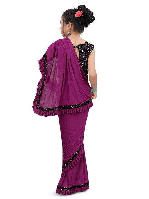 Dhyey Fashion Girls Embellished Sequinned Detailed Lycra Saree - Image 3