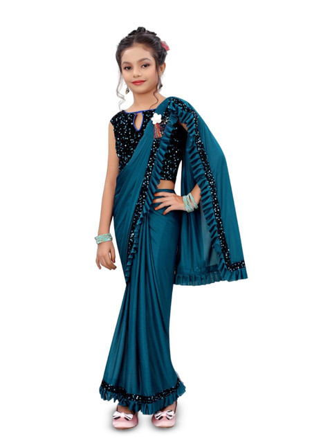 Dhyey Fashion Girls Embellished Sequinned Detailed Lycra Saree - Image 2