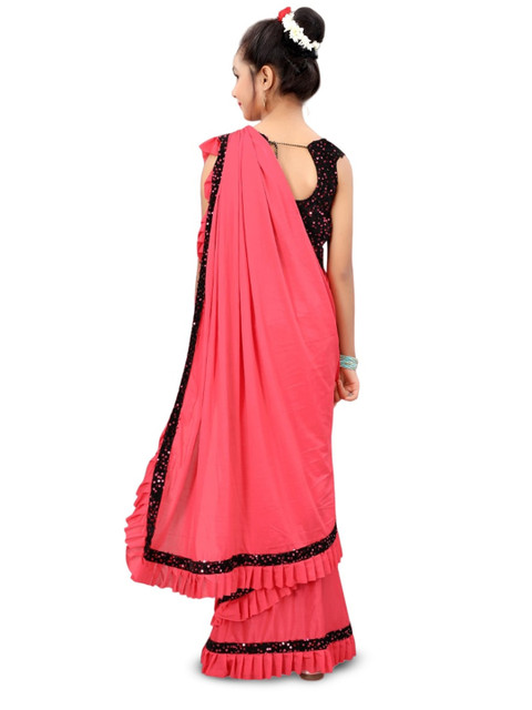 Dhyey Fashion Girls Embellished Sequinned Detailed Lycra Saree - Image 3