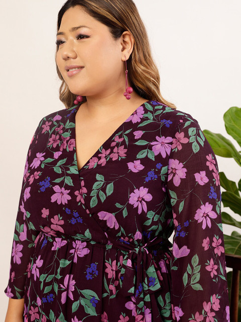 CURVY STREET Plus Size Black Floral Printed V-Neck Tie Ups Chiffon Fit & Flare Dress - Image 2
