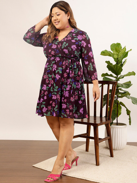 CURVY STREET Plus Size Black Floral Printed V-Neck Tie Ups Chiffon Fit & Flare Dress - Image 3