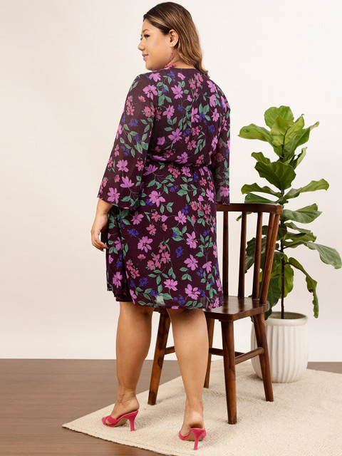 CURVY STREET Plus Size Black Floral Printed V-Neck Tie Ups Chiffon Fit & Flare Dress - Image 4