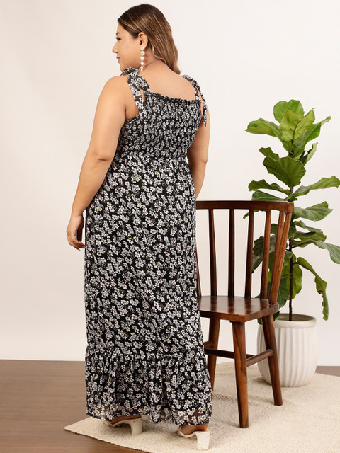 CURVY STREET Plus Size Black Floral Printed Shoulder Straps Smocked A-Line Dress - Image 4