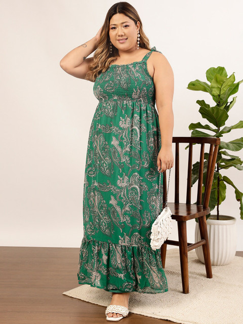 CURVY STREET Plus Size Green Ethnic Motifs Printed Shoulder Straps Smocked Maxi Dress - Image 5